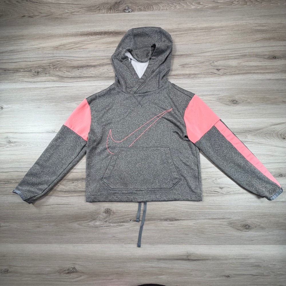 Nike Dri-FIT Girls Hoodie Grey Pink Colorblock Swoosh Pullover‎ Size M Medium